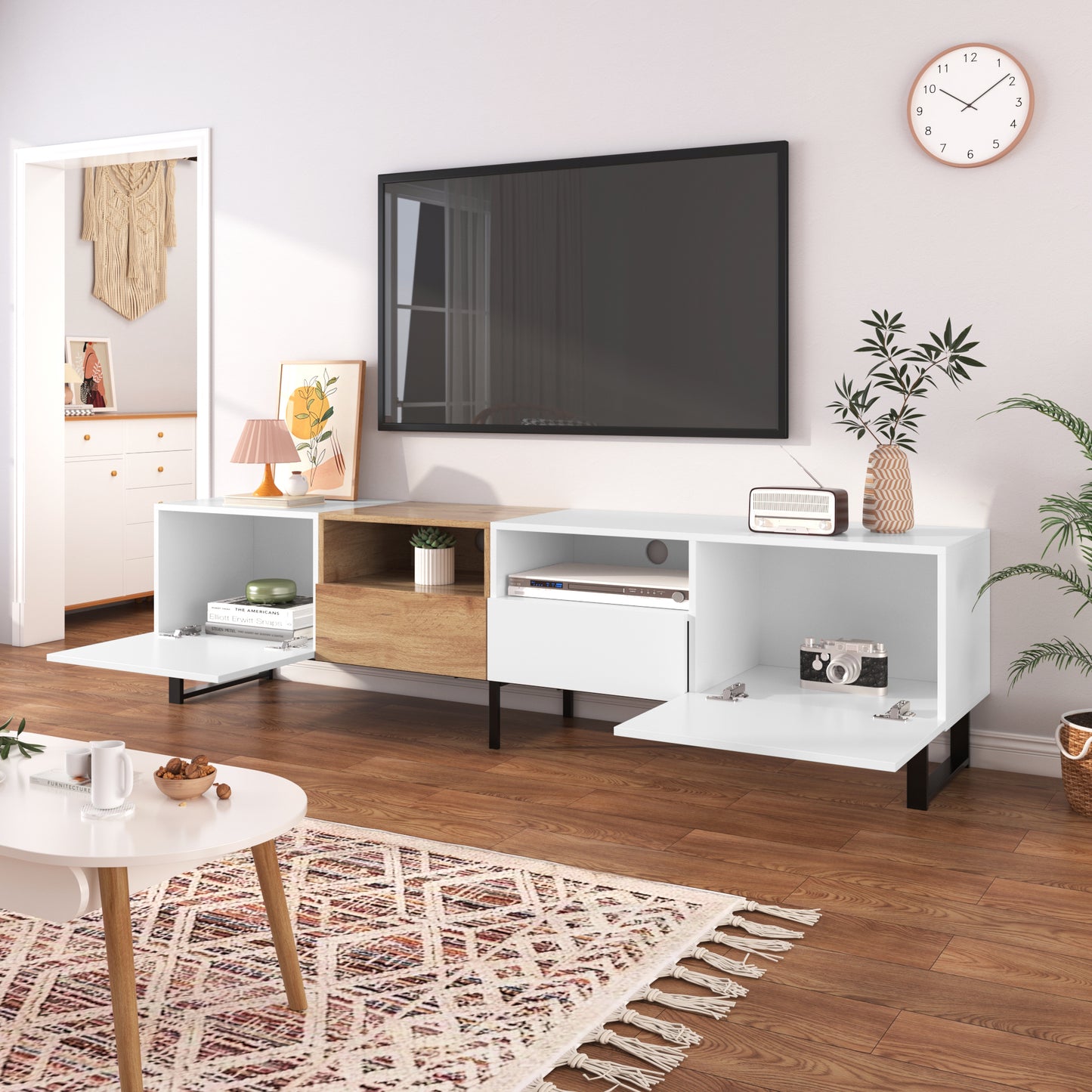 Modern TV Stand with 2 Cabinets & Open Storage Compartment for up to 85'' TV's