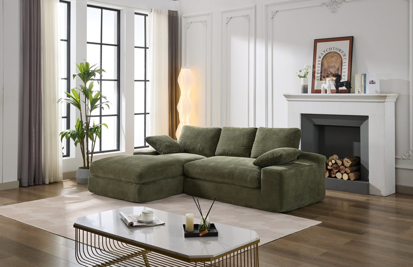 Corduroy Modular L-Shaped Sectional, Army Green