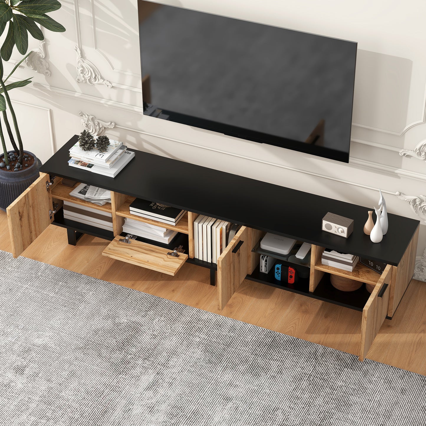 Modern TV Stand with 4 Cabinets & Open Shelves, for up to 80'' TV's