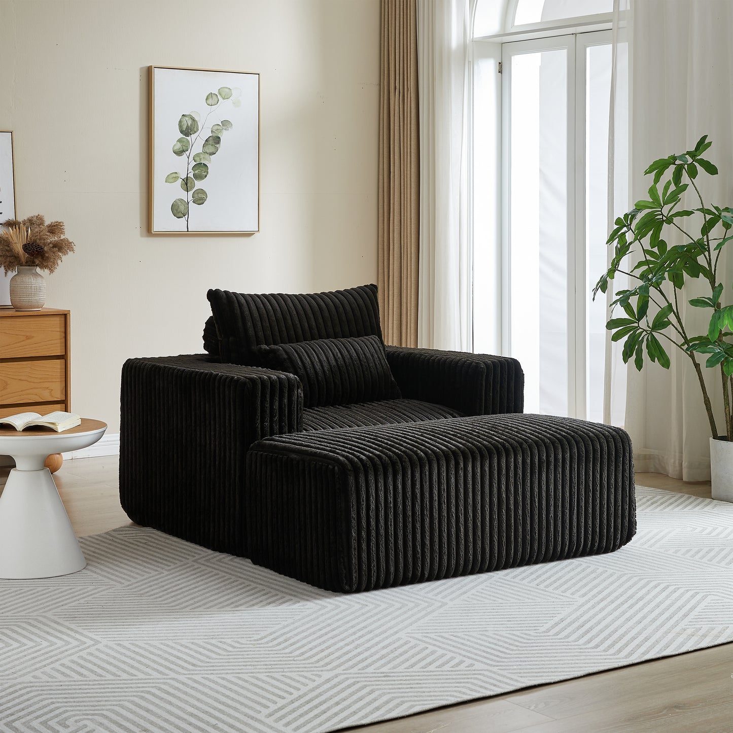 Corduroy Lounge Chair & Footrest – Fluffy Sleeper Sofa for Modern Comfort, Black