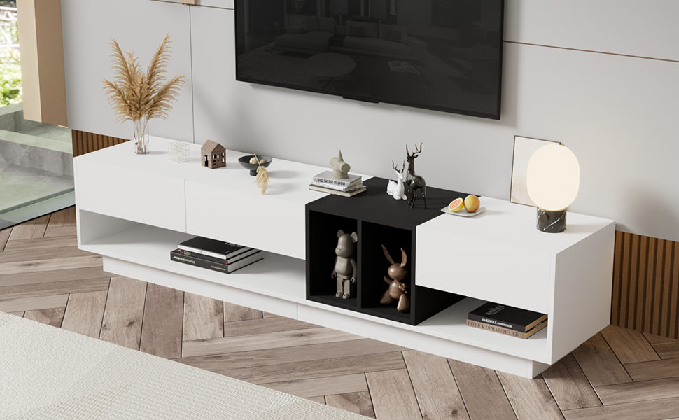 ON-TREND Sleek and Stylish TV Stand with Perfect Storage Solution, Two-tone Media Console for TVs Up to 80'', Functional TV Cabinet with Versatile Compartment for Living Room, White