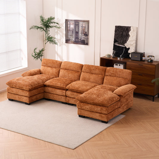 U-shaped profile sofa, including two single seats and two chaise, modular sofa, Chenille sofa,Orange