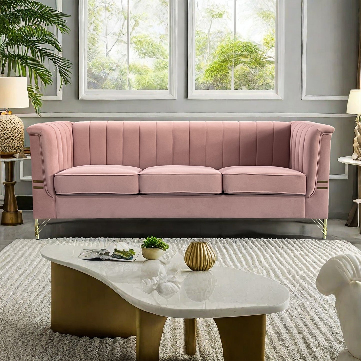 Velvet, 3-Seater Sofa Couch with Golden Metal Legs