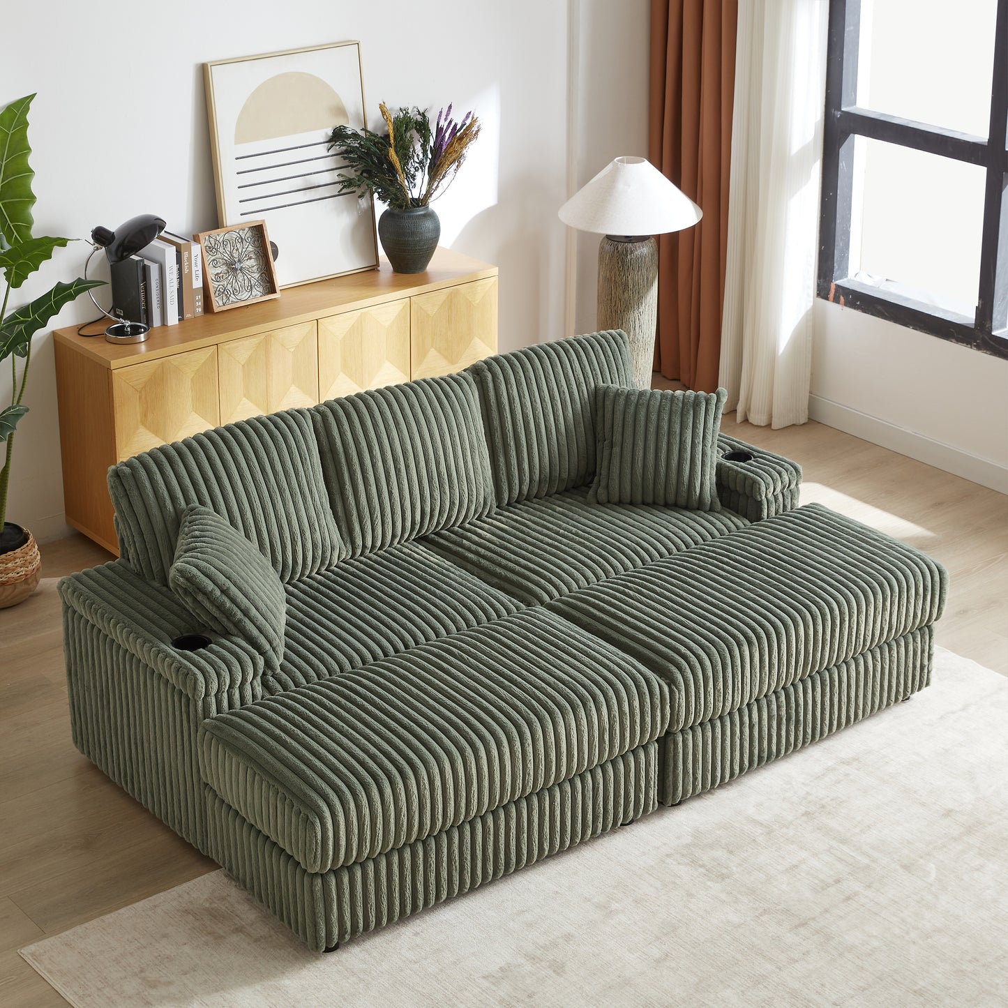 Corduroy 3-Seater Sofa With A Ottoman, 2 Storage  & Cup Holder