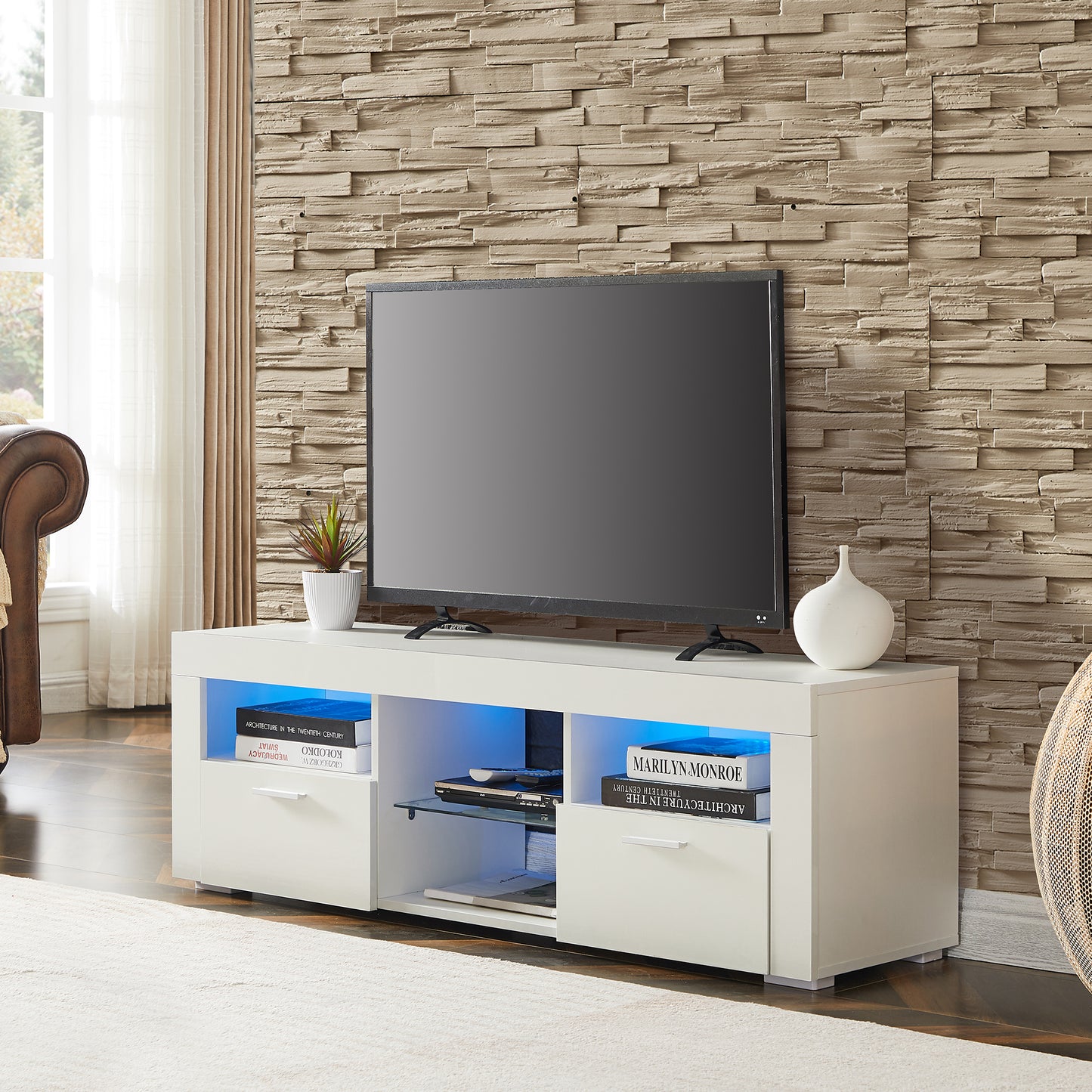 White morden TV Stand with LED Lights,high glossy front TV Cabinet,can be assembled in Lounge Room, Living Room or Bedroom,color:WHITE